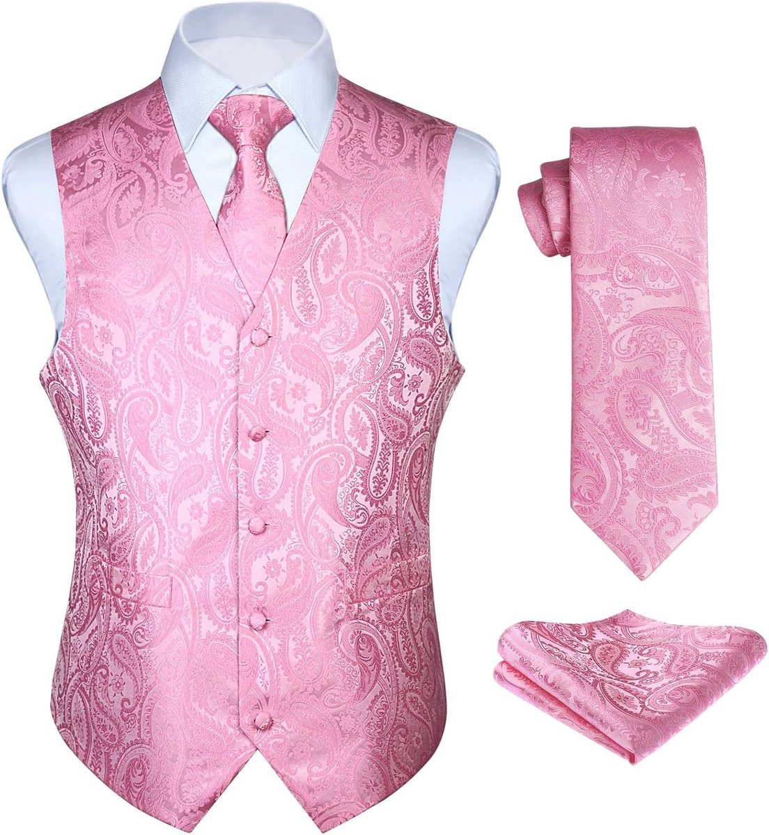 Gilet voor heren, paisley-gilet voor bruiloft, stropdas, pochet, bloemenpatroon, jacquard feestpak, set met gilet