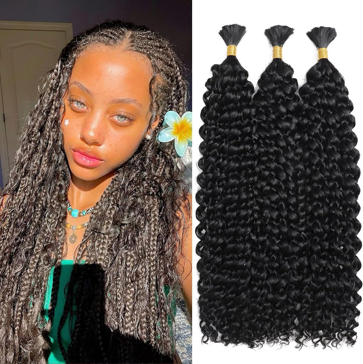 Wave Bulk Hair for Braiding 18 Inch Natural Curly Hair for Boho Braids No Weft Wet and Wavy Braiding Hair Extensions for women (1B#, 18inch-3pc)