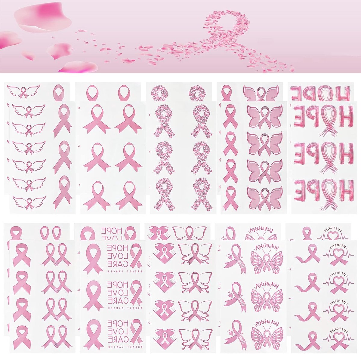 Bewustzijn Tattoo Stickers, 2 sets 20 vellen roze lint stickers tijdelijke kanker ondersteuning tatoeages voor partij decoratie groepsactiviteit
