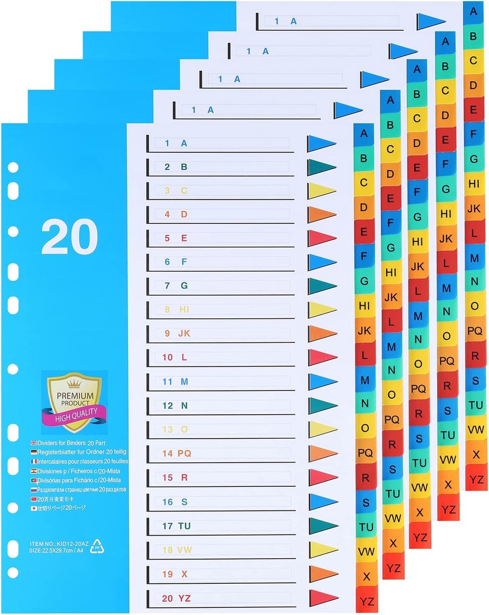 [5 stuks] 20-delige tabbladen voor mappen A4 A-Z, PP map, scheidingsbladen
