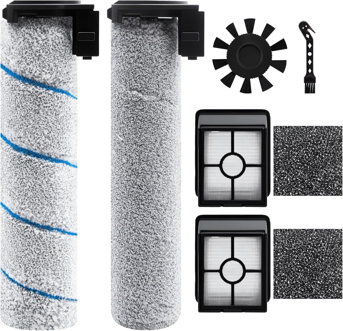 Borstelrol, filteraccessoires, compatibel met Rowenta X-Clean 2 / X-Clean 4 / X-Clean 5 accu nat-droogzuiger, 2 borstelrollen + 2 filters + 1 reinigingsborstel + 1 zijborstel