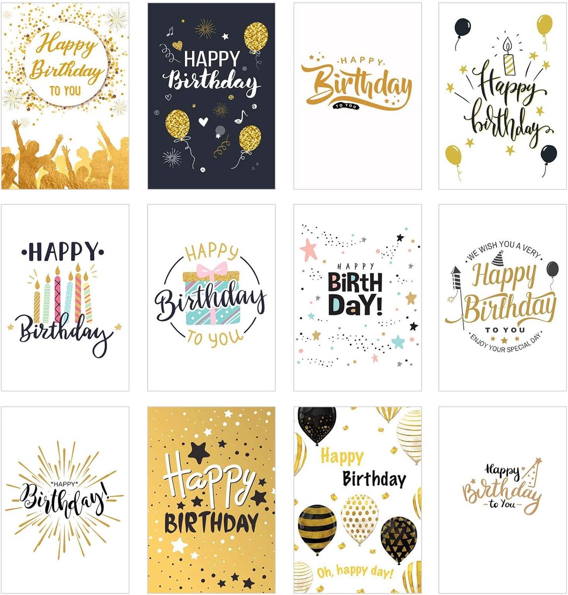 Seidel Set van 12 exclusieve premium verjaardagskaarten met fijn gouden reliëf en envelop. Wenskaart, wenskaart, verjaardagskaart, man en vrouw, kaarten, Happy Birthday, billet spreuken