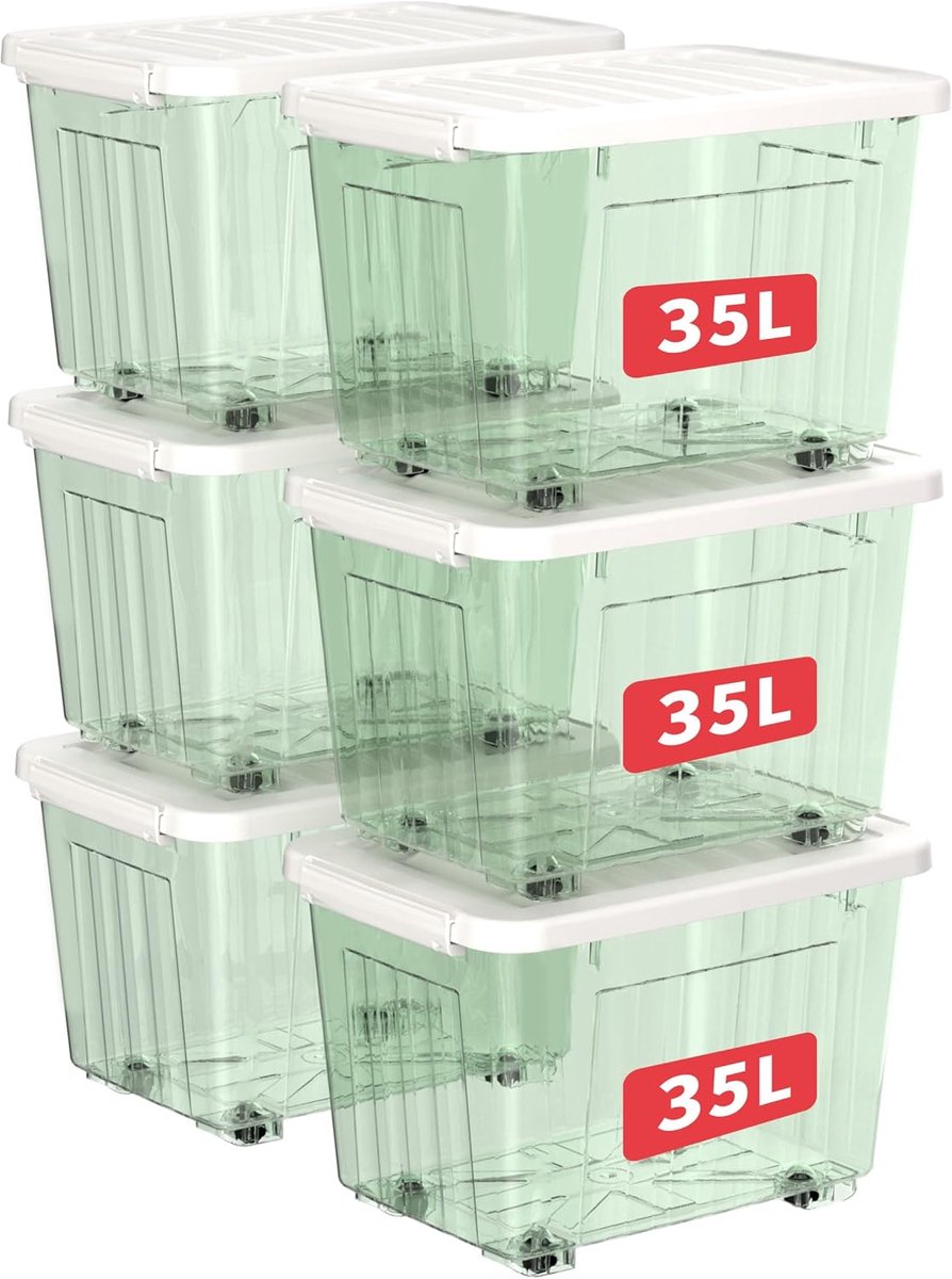 35L x 6 plastic opbergdozen met wielen, opbergdoos met deksel met veilige zijvergrendelingen, PP nestbare en stapelbare doorzichtige organizer voor thuis, kantoor, verhuizen, transparant groen