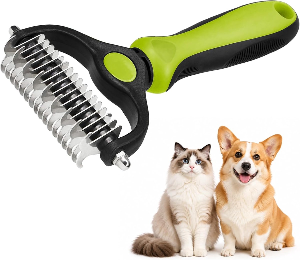 Borstel voor honden en katten, dubbelzijdig, 17 + 9 tanden, groen