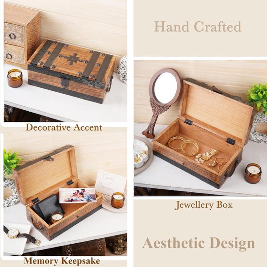 Handgesneden houten schatkist decoratieve sieradenopslag aandenkistje multifunctioneel gebruik als sieradenopslag, snuisterijhouder of horlogedoos, geweldig als cadeau - 28 x 18 cm — afbeelding 2
