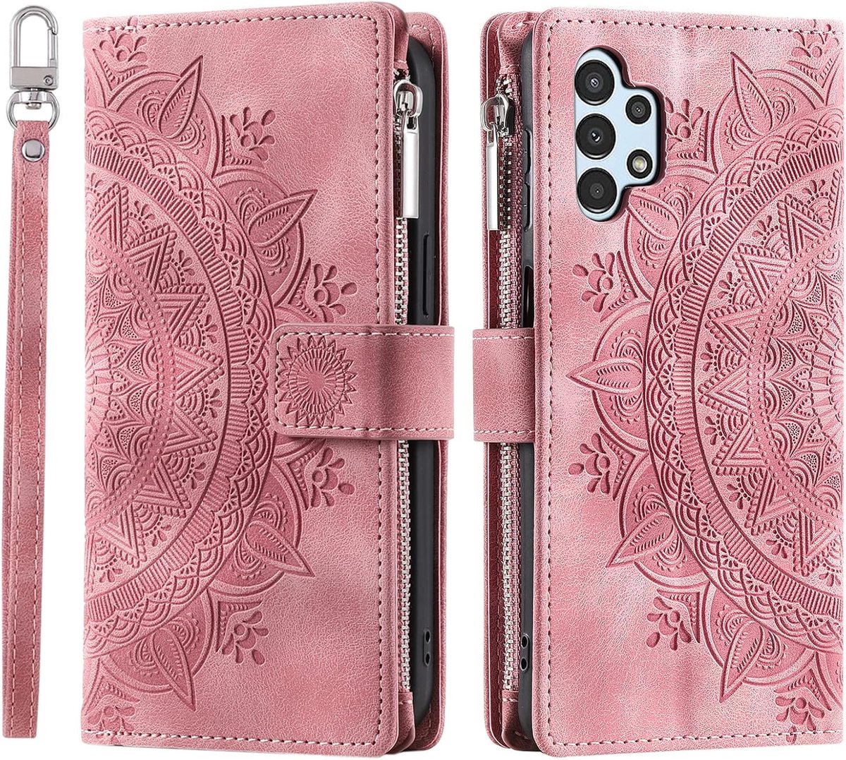 Hoes voor mobiele telefoon voor Samsung Galaxy A04S / A13 5G, Klaphoes met Bloemen, Klaphoes met Kaartenvak, Boekcover, Flip Case, Standaard, Roze
