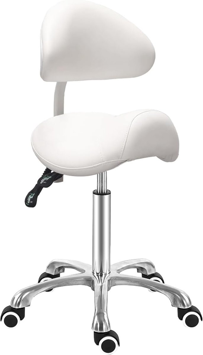 Zadelkruk stoel met rugsteun - Ergonomische schoonheidsspecialiste stoel zadelkruk voor salon tattoo spa medische tandartspraktijk (met verstelbare rugleuning, wit)