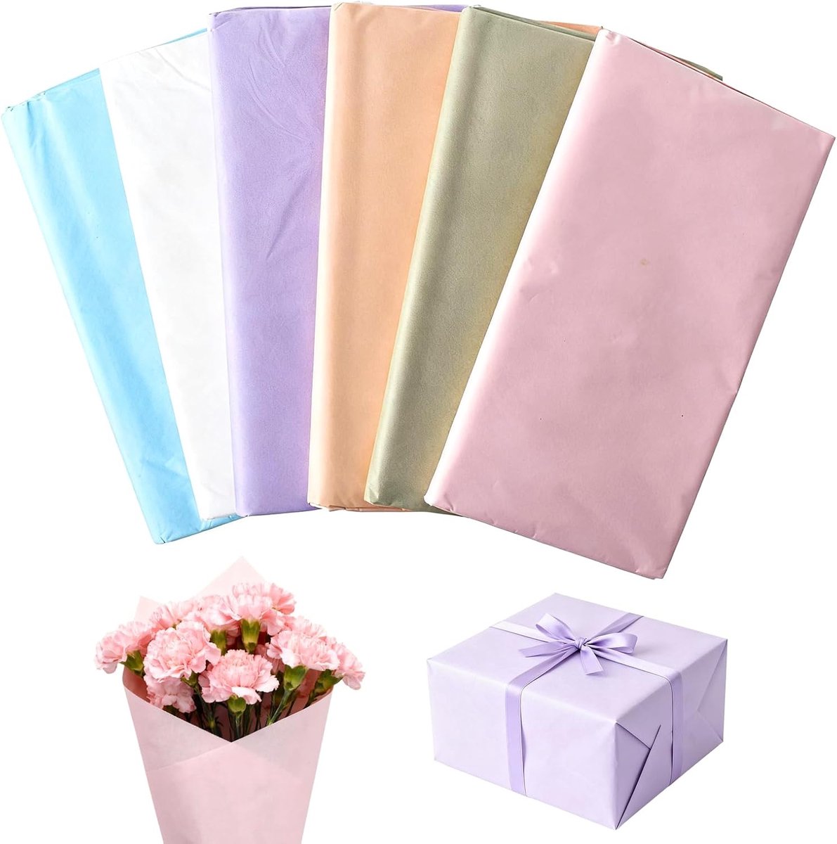 Zijdepapier, kleurrijk zijdepapier, 6 kleuren, 50 x 70 cm, verpakkingsmateriaal, cadeaupapier voor Kerstmis, verjaardag, doe-het-zelf knutselprojecten, bloemenverpakking