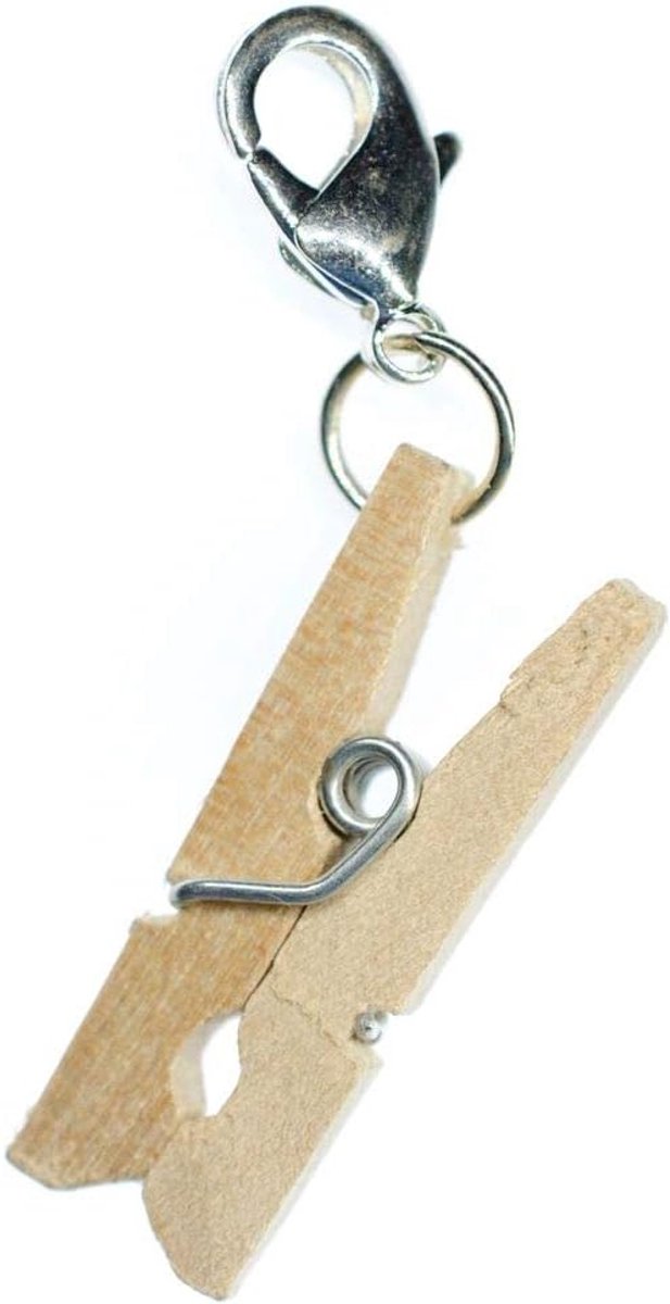 Wasknijper, houten charm-trekker, handgemaakt modesieraad, verzilverde kettinghanger, bedelarmband, hanger voor armband, 24mm, Metaal Hout