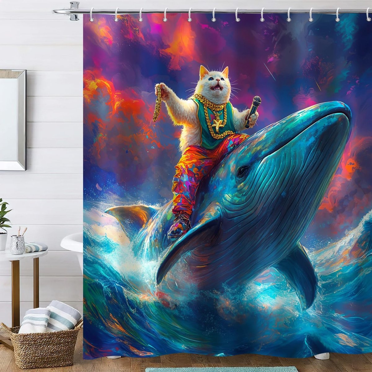 Douchegordijn, grappige kat, 180 x 200, coole rapper, kat, rijwalvis, levendige fantasie, oceaandesign, kinderen, badgordijn, waterdicht, polyester, wasbaar, badgordijn met haken