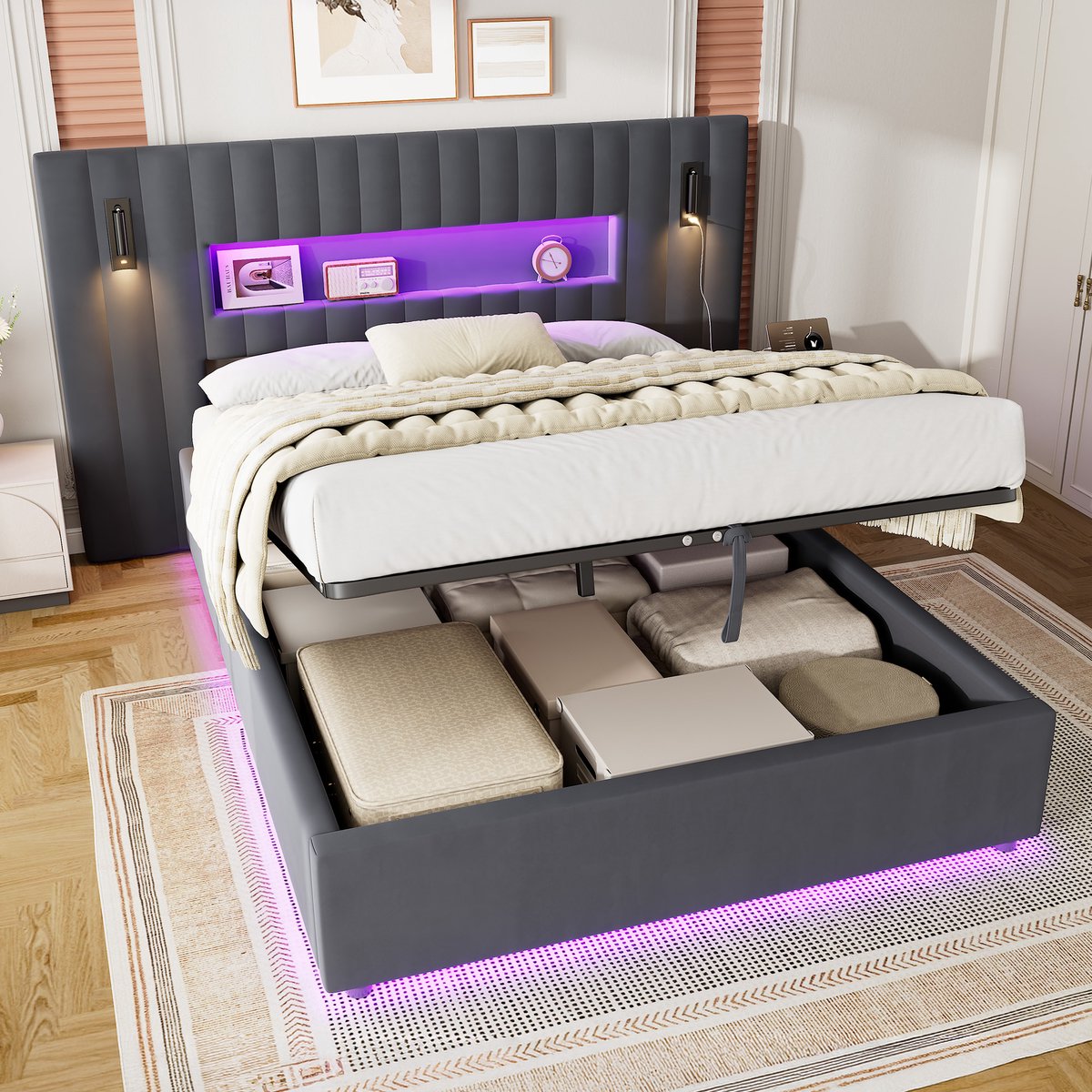WUVRIE Hydraulisch bed 140x200 cm met opbergruimte, verstelbare leeslampen en 2 USB-poorten, donkergrijs