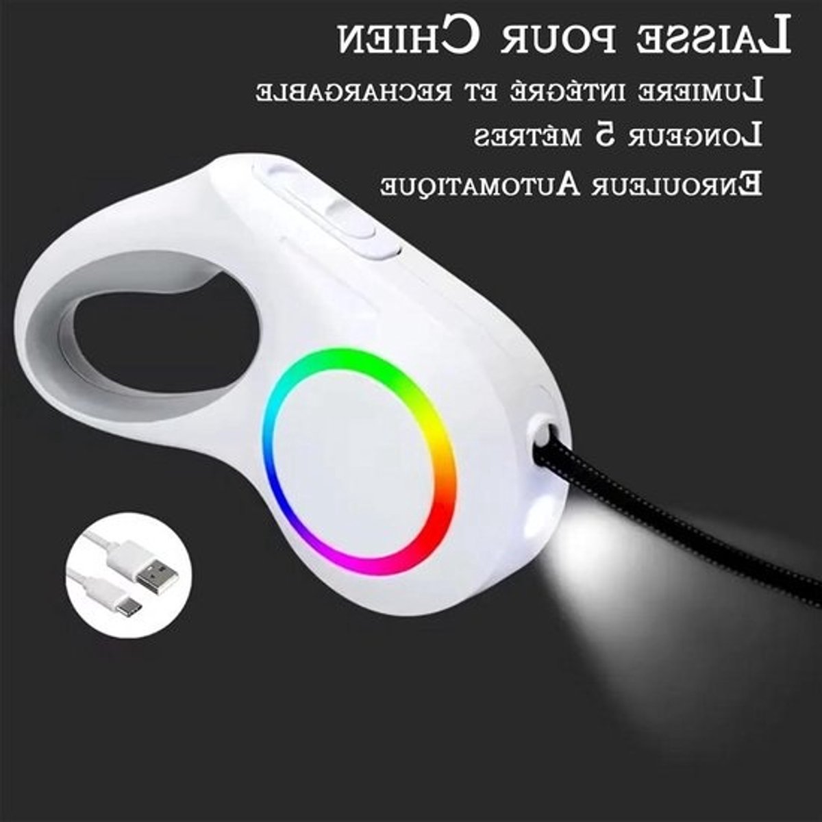 Hondenriem Intrekbaar - Automatische Rolriem - Nachtelijke Wandelingen - Geïntegreerde LED Lamp - 5 Meter - Wit