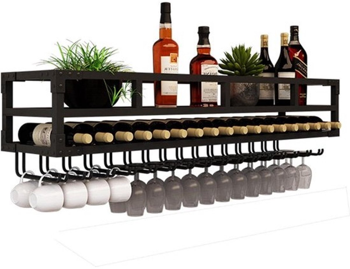 Wandmontage Wijnrek - Fleshouder Kast - Dranken Presenteren - Geïntegreerde LED-strip - 60 cm - Zwart