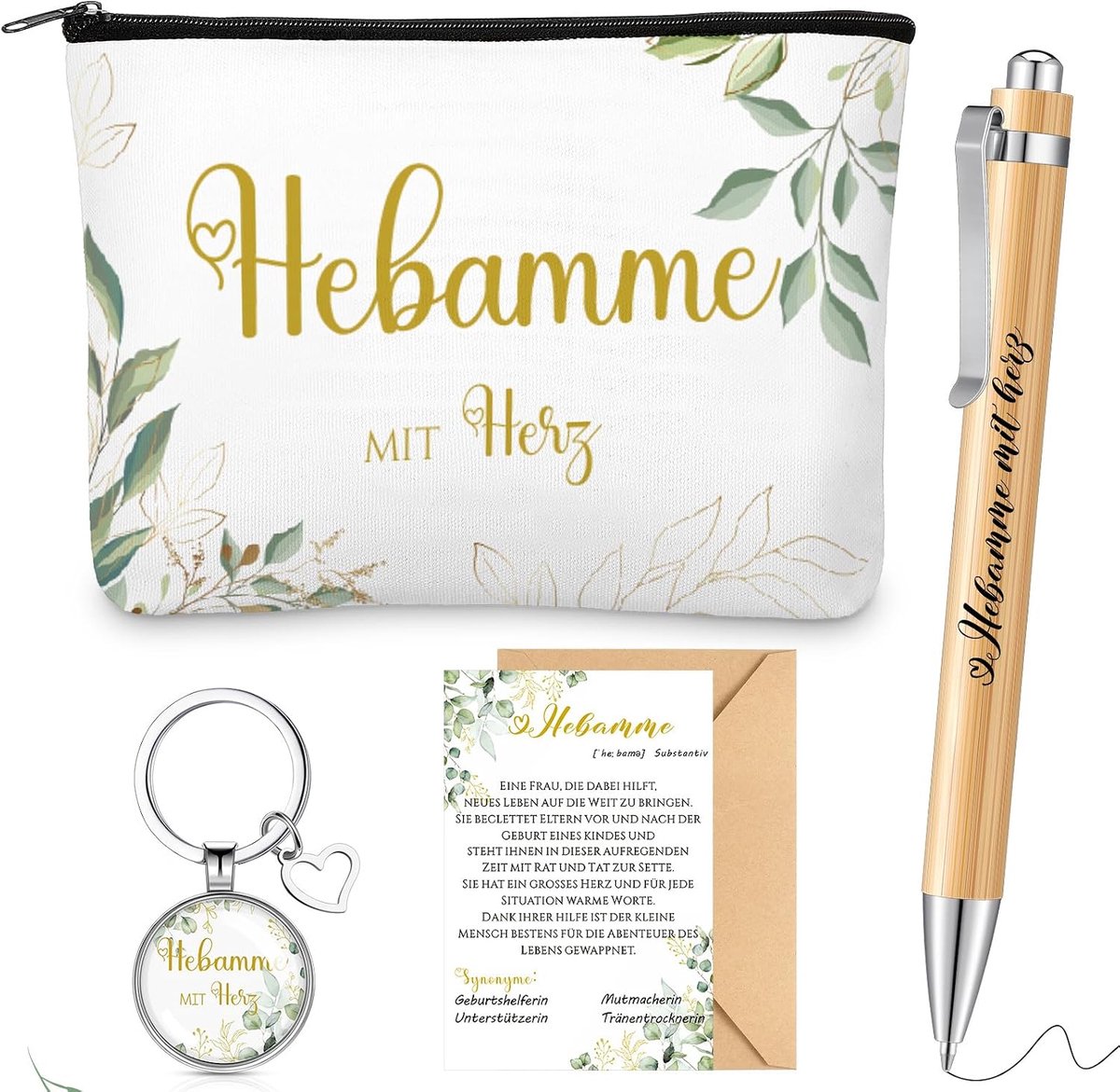 5-delige set verloskundige cadeau inclusief verloskundige met hart cosmeticatas verloskundige sleutelhanger houten balpen kaart met envelop bedankcadeau voor verloskundige, zoals getoond in