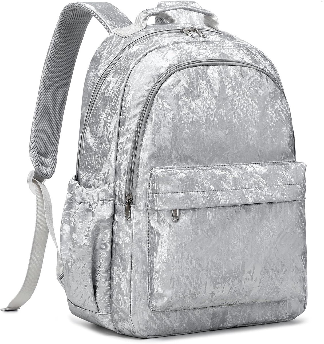 Schooltas voor meisjes, rugzak voor elementaire schooltas, kinderrugzakken voor vrouwen, college-rugzak, casual dagrugzakken voor school, reizen, geschikt voor laptop, 15 inch, zilvergrijs