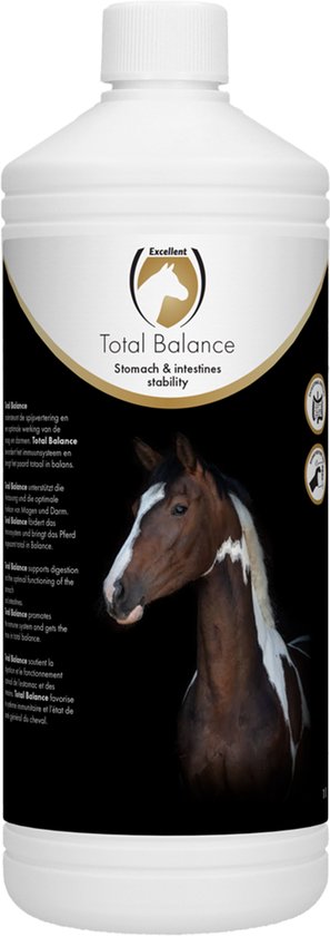 Witte fles met 'Total Balance' etiket met een paardenhoofd erop.