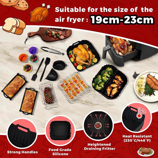 29 Stuks Silicone Airfryer Vorm Accessoires, Airfryer Pan voor Philips 2000 6.2L NA230, Air Fryer Liners Set voor Cosori 5.5L 6 L 6.2L, Siliconen Bakvorm voor Ninja Heteluchtfriteuse — afbeelding 2