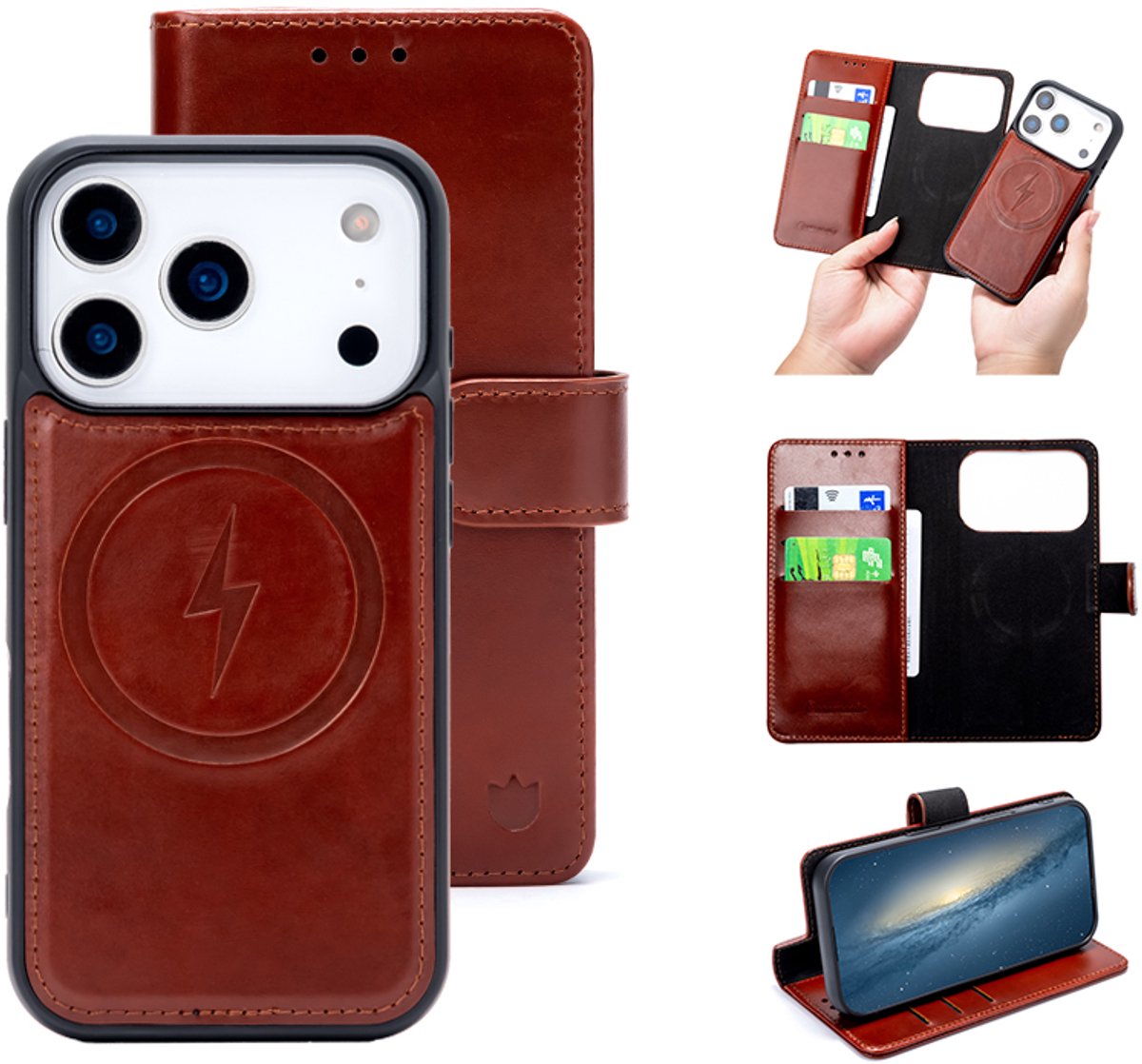 Casemania Echt Leren Hoesje Geschikt voor Apple iPhone 18 Pro - Chestnut Brown - Geschikt voor MagSafe - Leer 2 in 1 Magnetisch Afneembare Book Case - Portemonnee Telefoonhoesje met Pasjeshouder