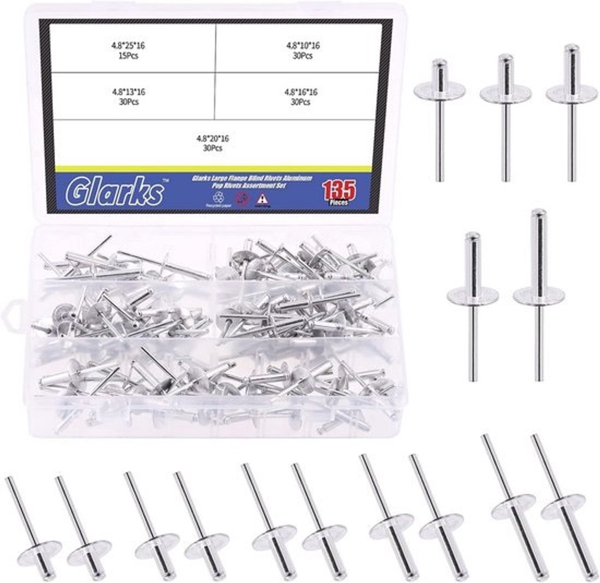 Grote Flens Blinde Klinknagels Assortiment Set 135 Stuks Aluminium Popklinknagels Diverse Maten