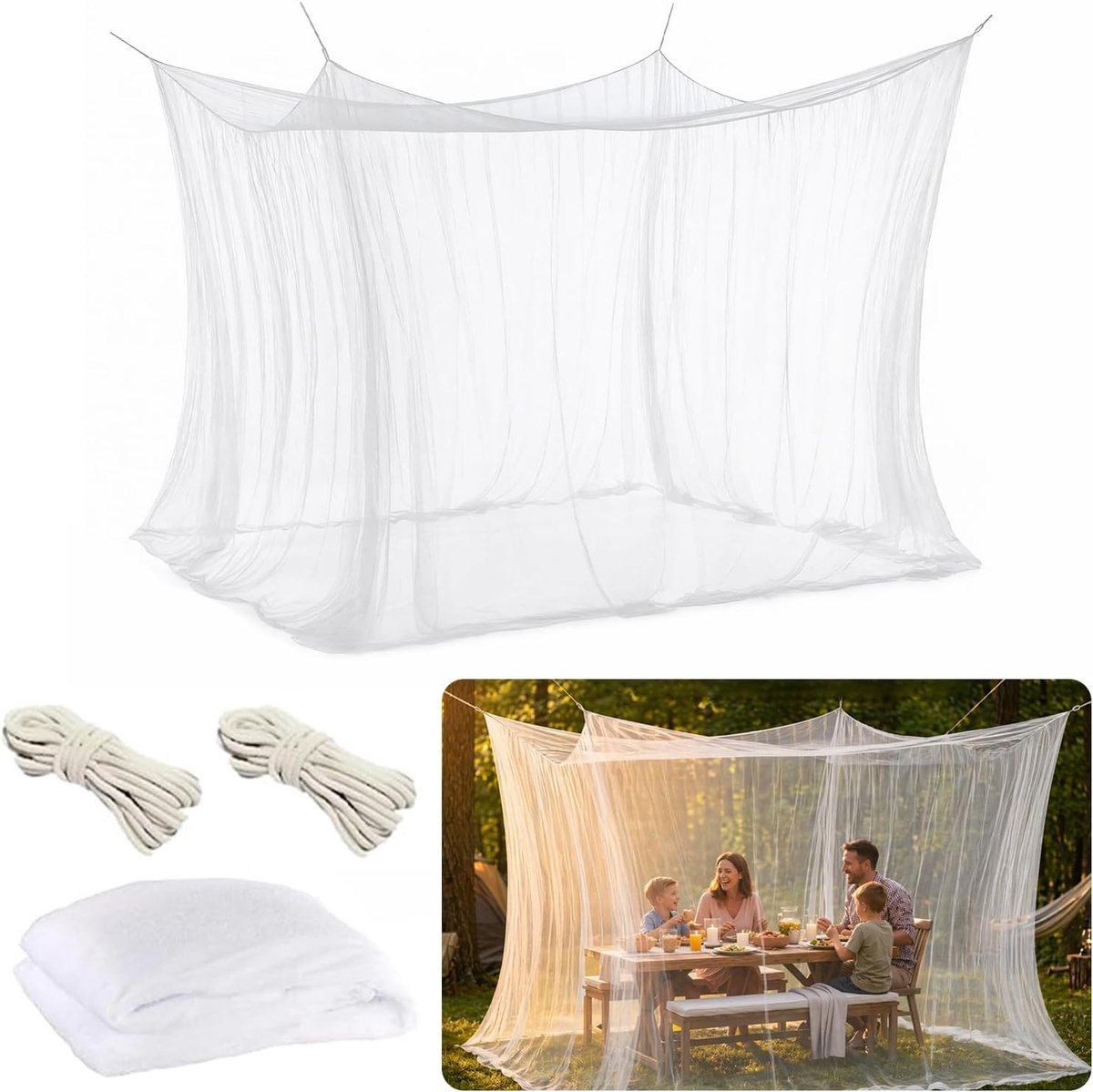 Ultralichte Muggennet 300 x 300 x 250 cm met 16 m Ophangkoord voor Bed, Gazebo en Camping, Ideaal voor Buiten, Insectenbescherming en Balkongebruik