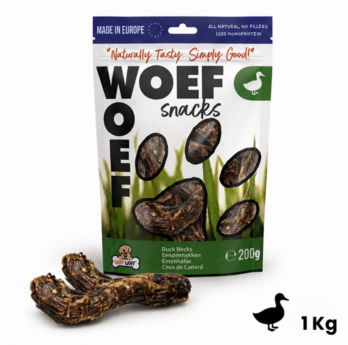 Woef Woef Snacks Hondensnacks Eendennekken 1.00 KG - Verwensnacks Hondensnoepjes - Gedroogd vlees - Eend - Vanaf 3 maanden - Geen toevoegingen