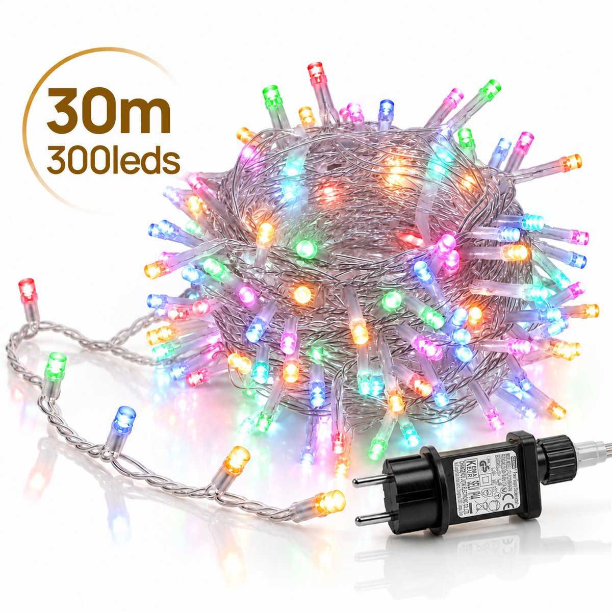 Lapamax LED Lichtsnoer - Kerstverlichting 30 m 300 LEDs Meerkleurig - Zonder Tail Plug - 31 V Laagspanning met Timer, Geheugen en 8 Lichtstanden - Kerstboomverlichting met Adapter en 3 m Aanloopsnoer