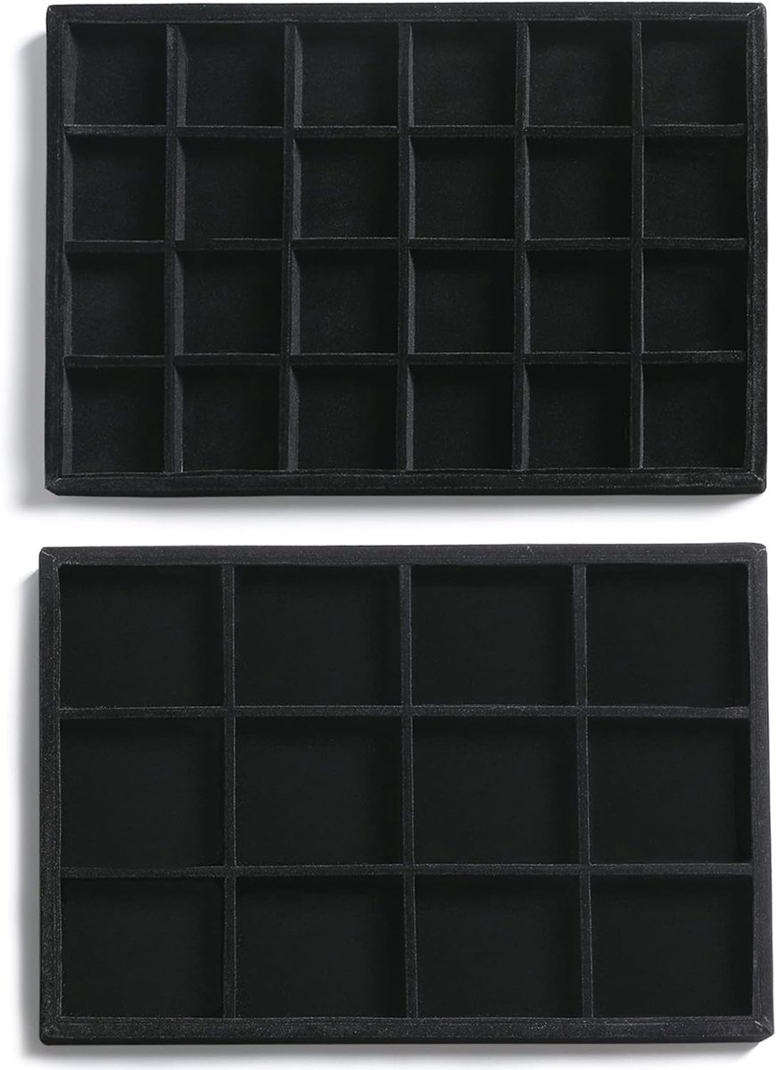 Dailygoods- Sieradenorganizer Set van 2 - 12/24 Compartimenten - Functionele Trays - Hoogwaardig Velours - Compact en Ruim - Sieradendoos