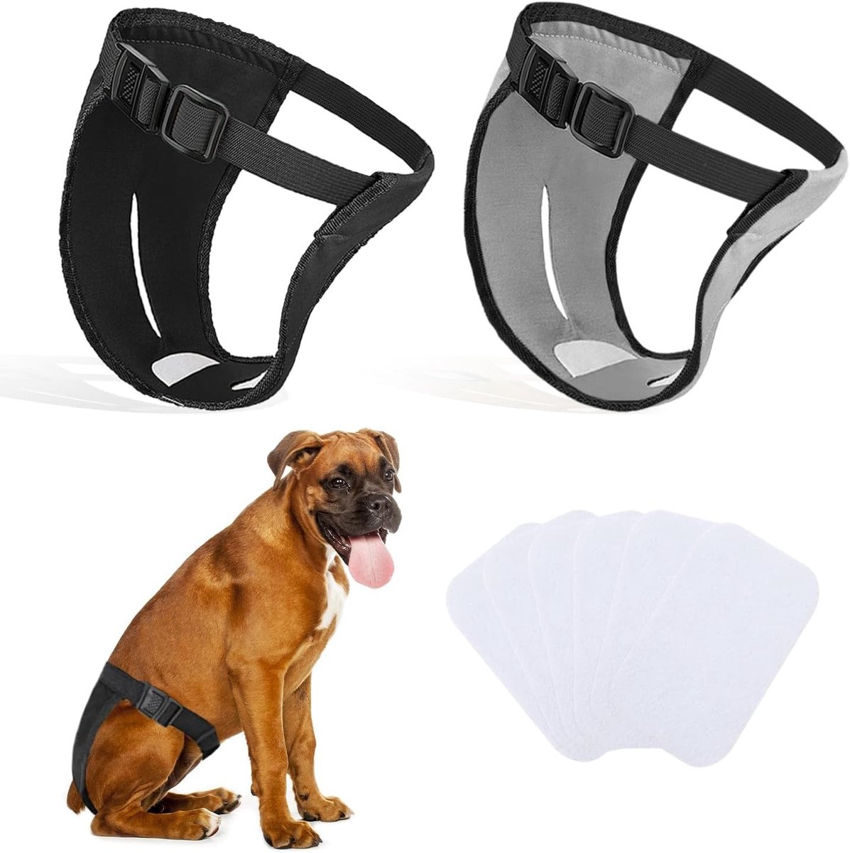 Hondenbroek voor Vrouwelijke Honden - 2 Stuks met 6 Wegwerp Inlegkruisjes, Verstelbare en Ademend Bescherming voor Maandelijkse Bloedingen (2XL - Zwart & Grijs)