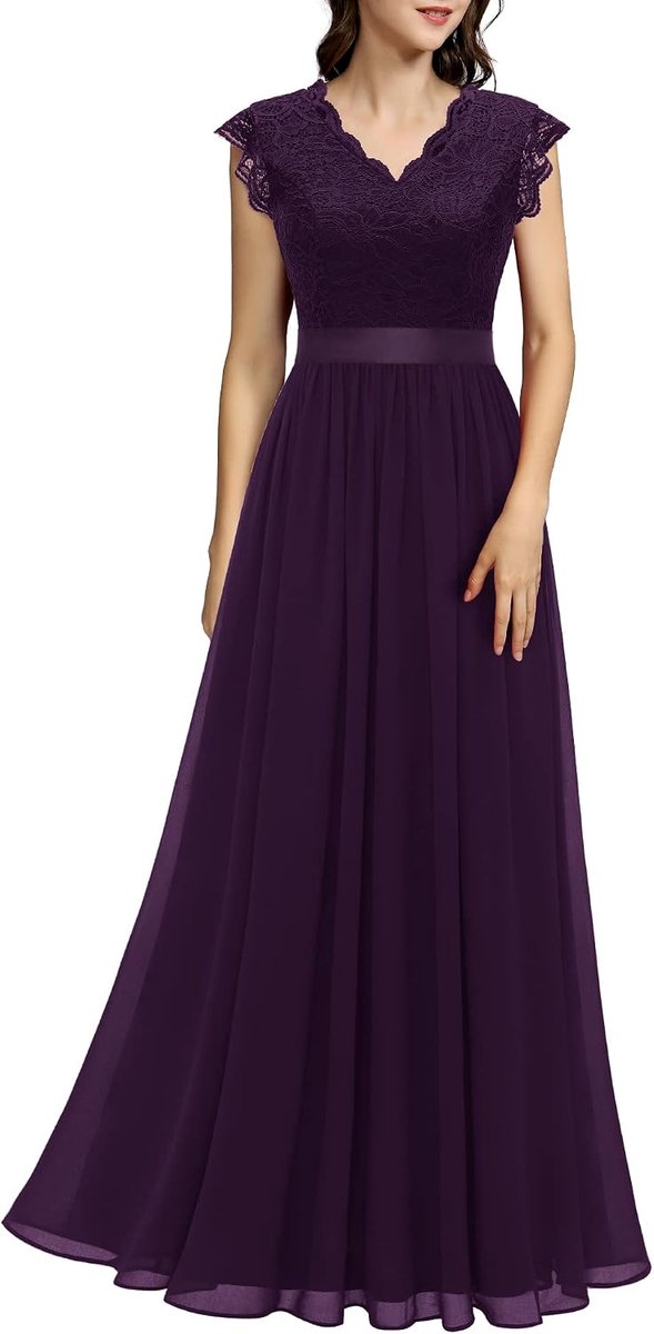 Dames baljurk maxi lange avondjurken elegant voor bruiloft kant cocktailjurk, Band_grape, L