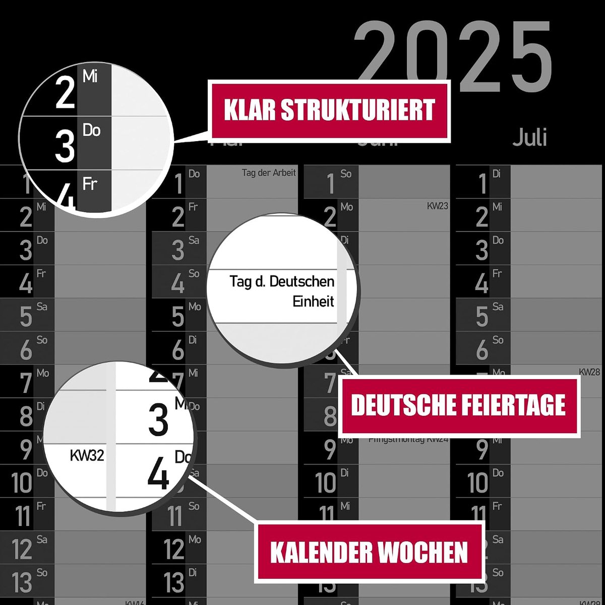 Wandkalender 2025, DIN A1, jaarplanner 2025, 84 x 59 cm, wandkalender met kalenderweken en feestdagen in zwart, grote kalender