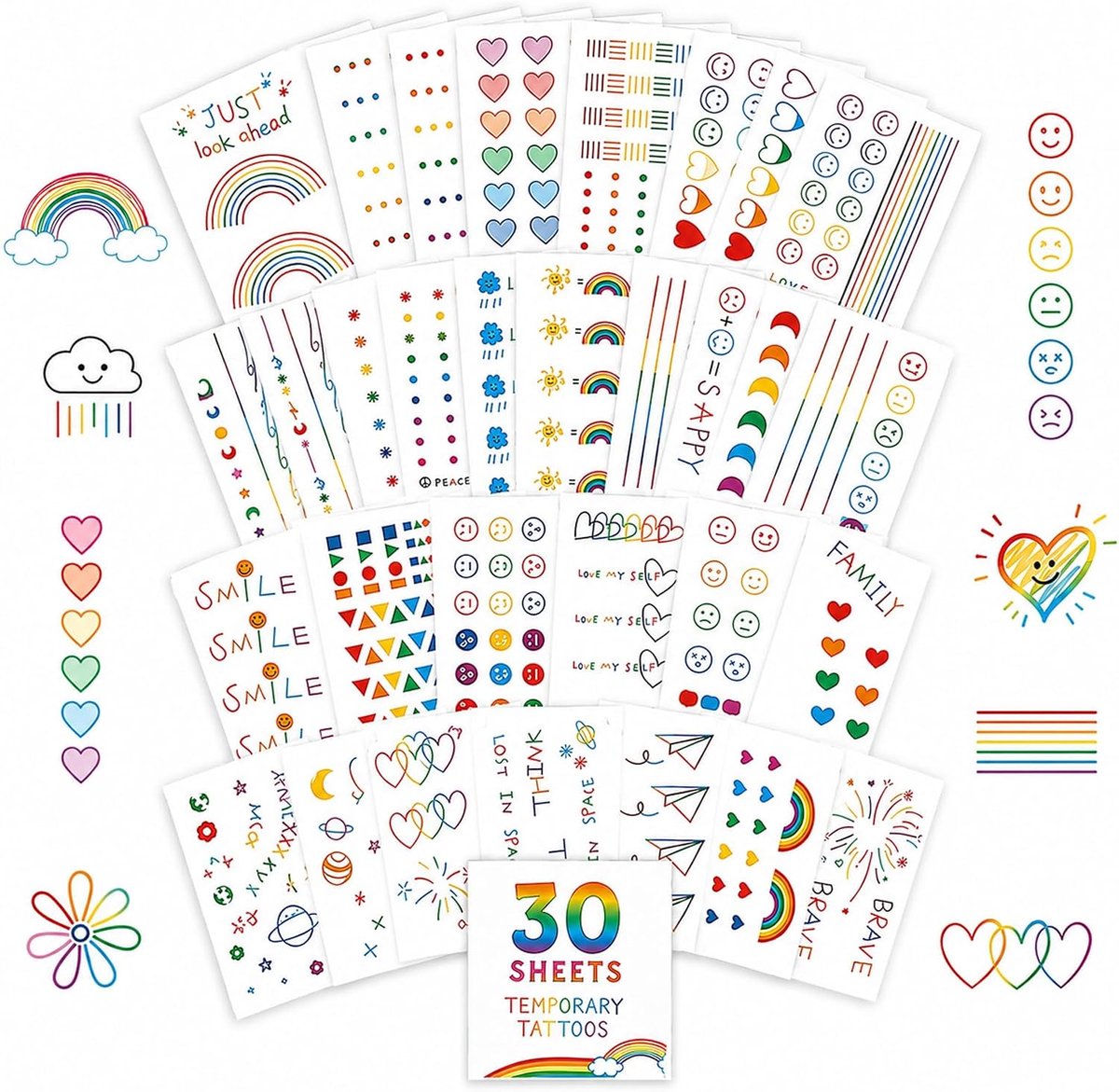 Tijdelijke Tattoo voor Kinderen, Regenboogtattoos, 30 Vellen Cartoon Kleine Tattoo Stickers, Waterdichte Nep Tattoo Stickers Set voor Jongens Meisjes Party Bag Filler