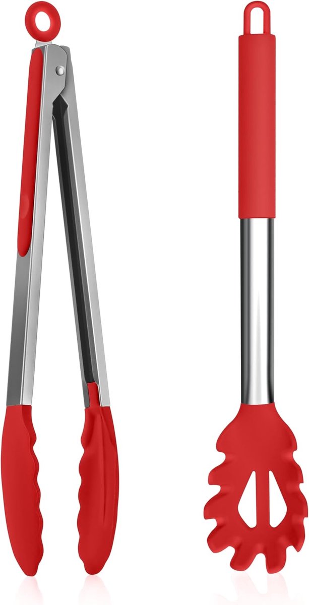 Roestvrijstalen spaghettilepel en keukentang, anti-aanbak-siliconen spaghetti-serverset, hittebestendige noedellepel en kooktang, pastavork, grilltang, set voor bakken, koken en serveren, rood