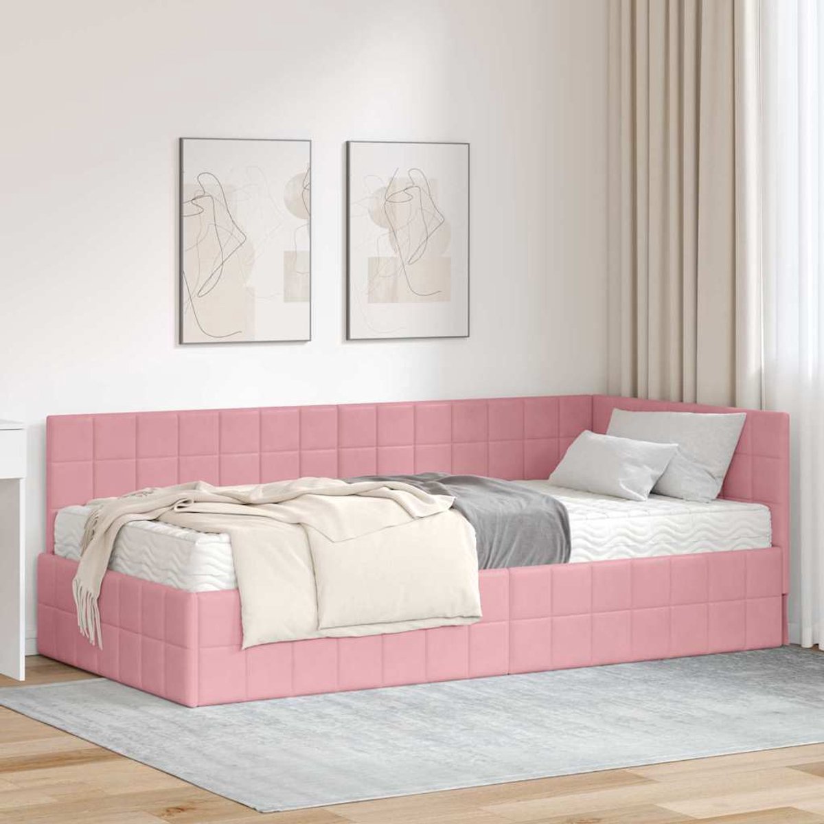 vidaXL Hoekbedframe - met - Matras - 2 - st - Roze - 90 - x - 190 - cm - Fluweel