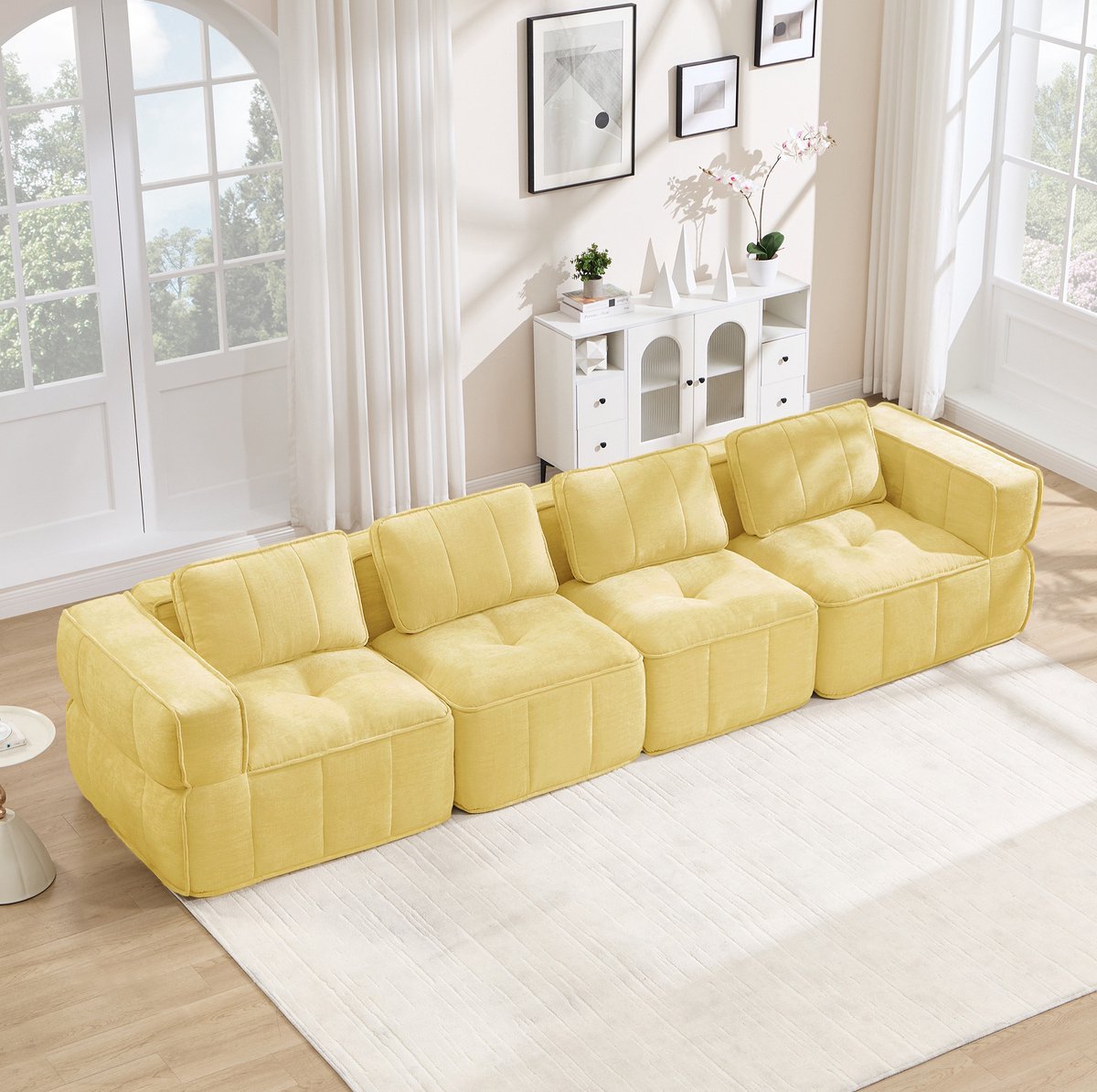 COVREO Modulaire 4-zitsbank met armleuningen – 344x93x67 cm – Loungebank met 32D schuim – Zitbank voor woonkamer – Geel