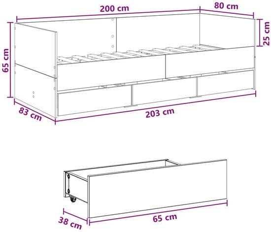 Afmetingen van het witte dagbed: 200x80x65 cm. Afmetingen lade: 65x38x25 cm.