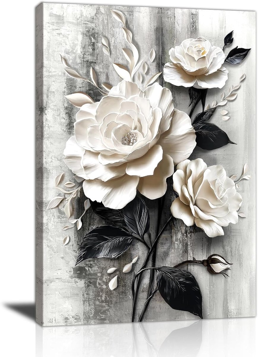 Wit Roze Bloemen Foto Wanddecoratie Woonkamer Grijs Wit Bloemen Muurposter Canvas Print Wit Bloemen Bloemen Poster Wanddecoratie Decoratie voor Slaapkamer Thuis Kantoor 40 x 60 cm