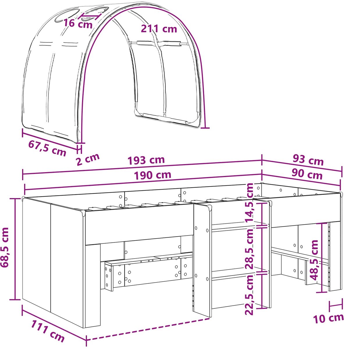 vidaXL Bed - met - Tunnel - 3 - st - Sonoma - Eiken - en - Zwart - Bewerkt - hout Sonoma eiken en zwart