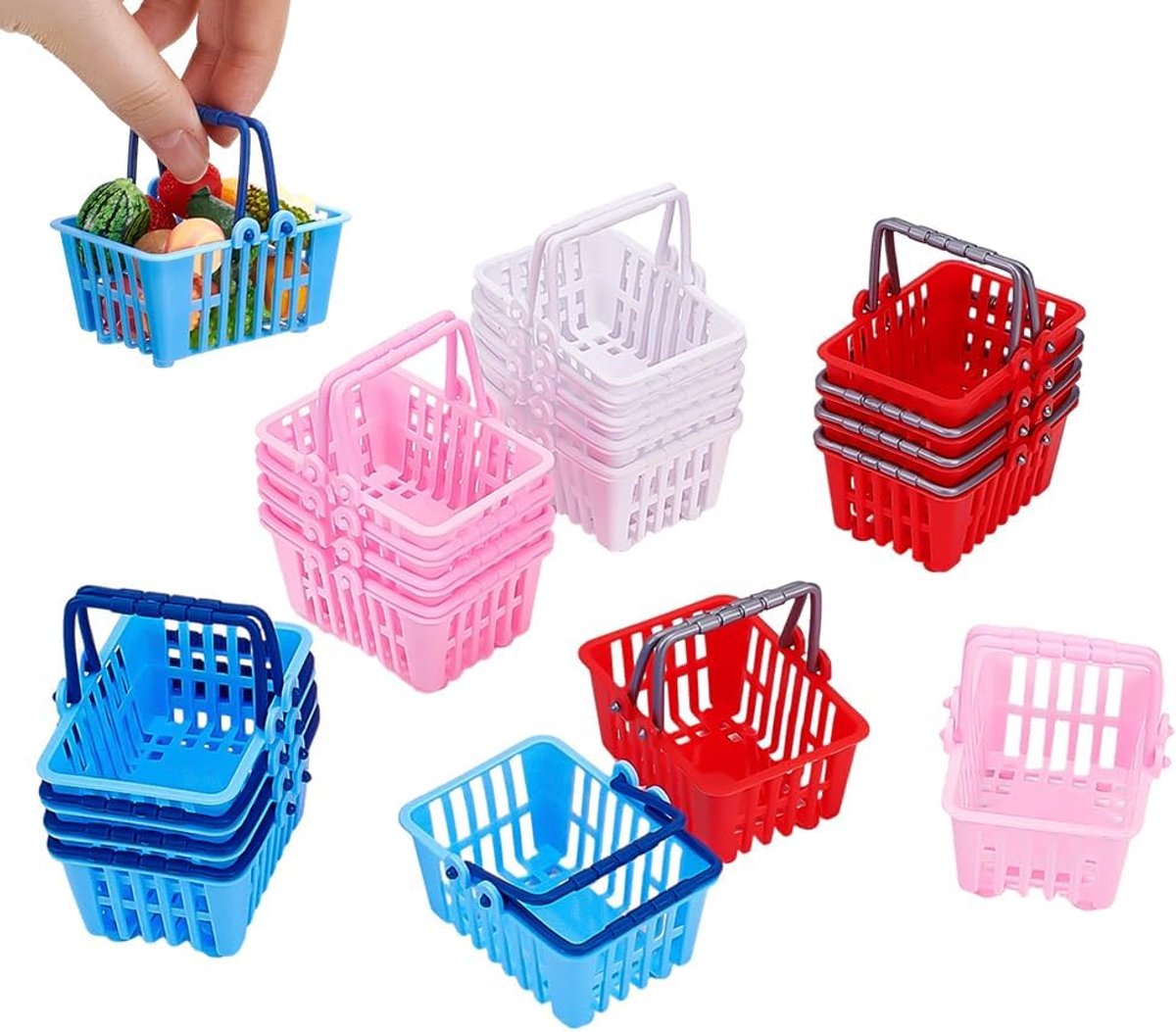 20 stuks mini-boodschappenmanden, 4 kleuren, mini-supermarktwagen, kleine plastic winkelmanden met handgrepen