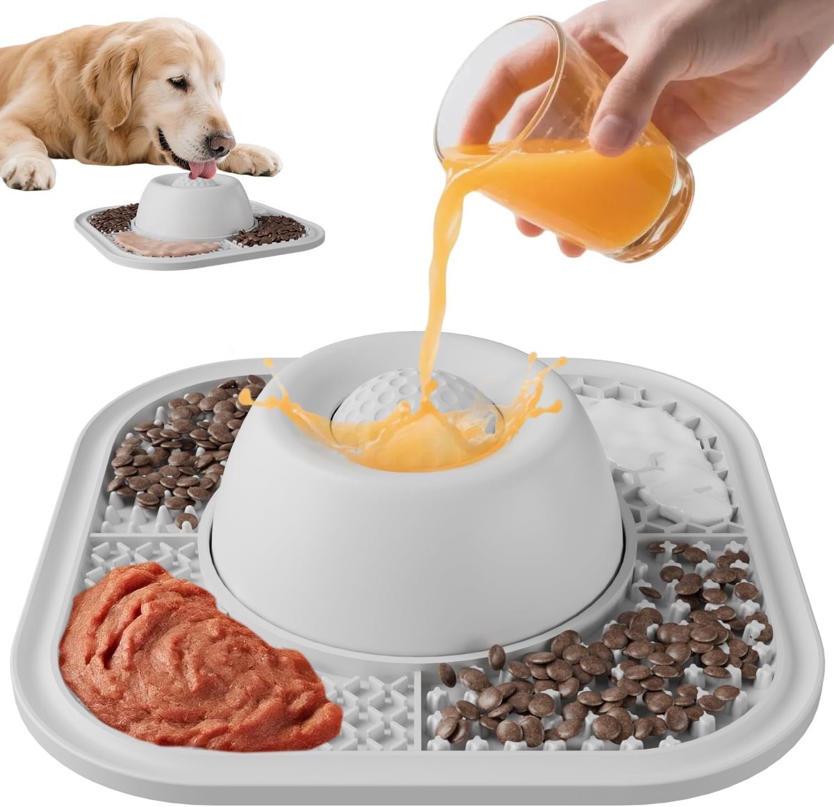 Hondenlikmat met likbal, Slow Feeder siliconen mat met antislip zuignappen voor verveling en angstbestrijding, interactieve likbak voor honden en katten, hondenbezigheid, grijs