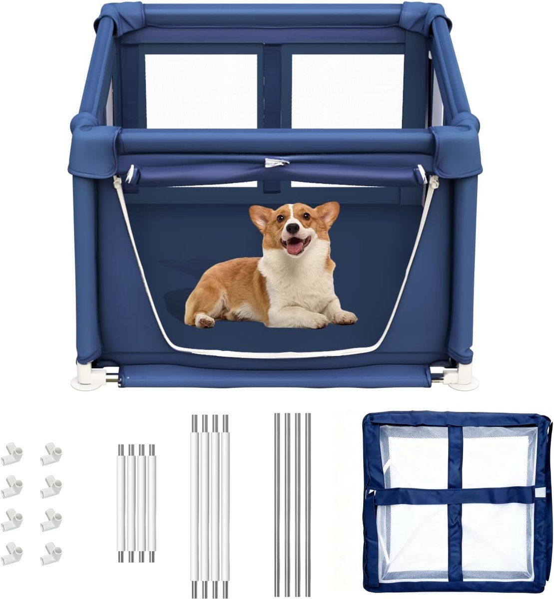 97 x 97 x 66 cm puppybox met poort, hondenbox voor puppy's of kleine honden, veilige huisdierbox met verdikte stof, hoogwaardig nylongaas, roestvrijstalen buizen (blauw, 97 x 97 x 66 cm, 5)