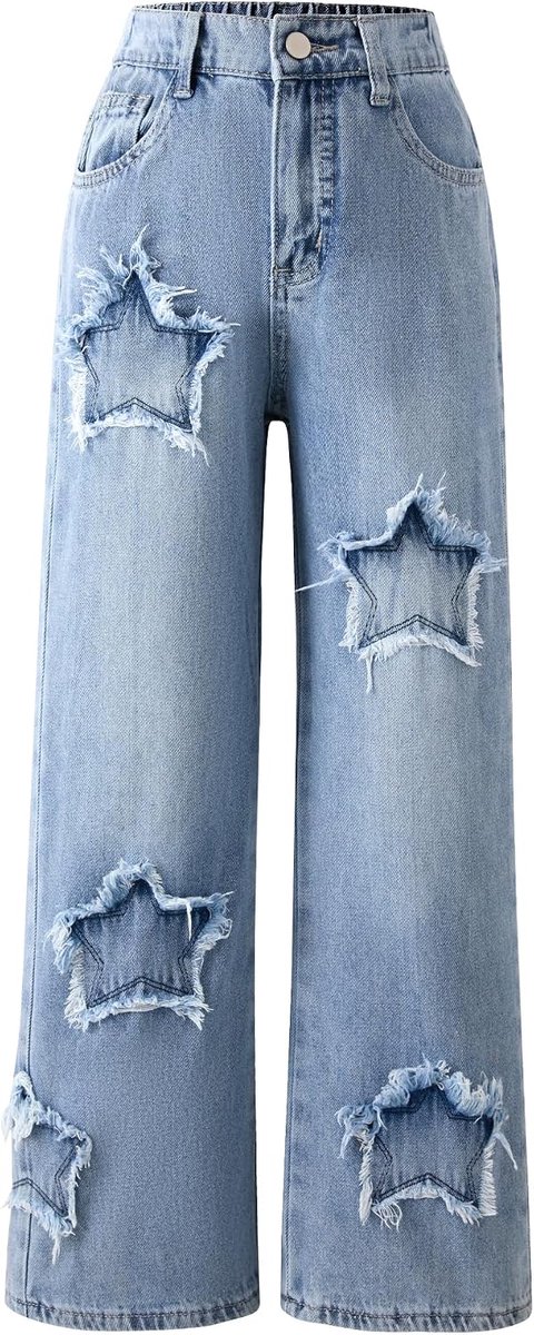 Jeans met wijde pijpen voor meisjes, denim broek, recht, losse fit, vrijetijdsbroek met elastische tailleband en zakken, 7-14 jaar/lengte 130-160 cm