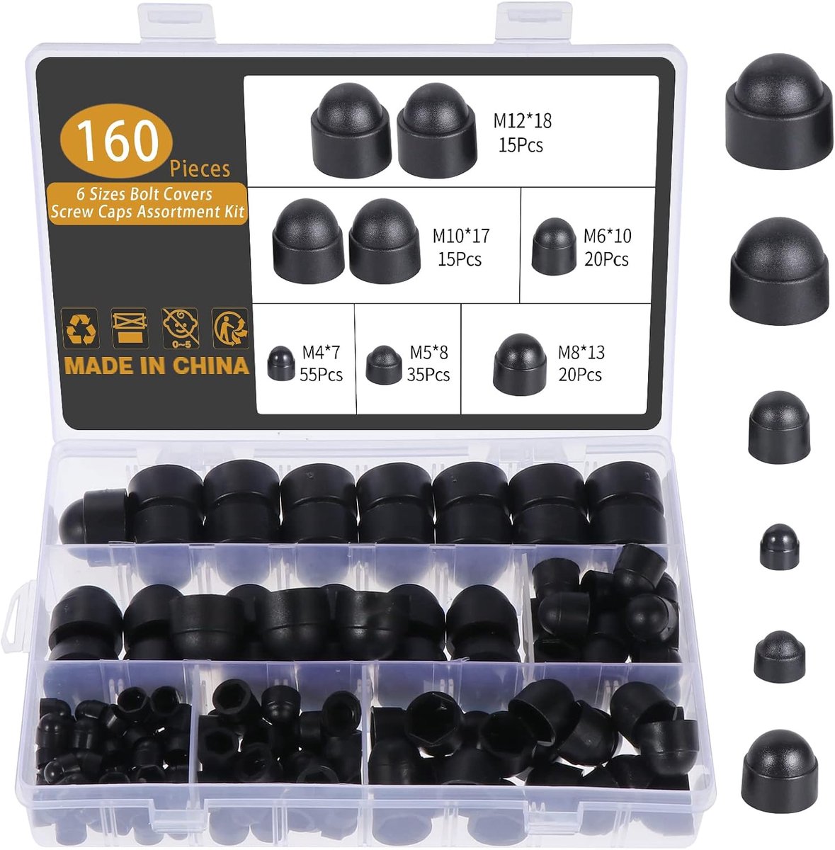 160 stuks afdekdoppen voor moeren M4, M5, M6, M8, M10, M12, zwarte schroefafdekkappen, boutafdekkingen, beschermkappen voor moeren, schroeven, nylon