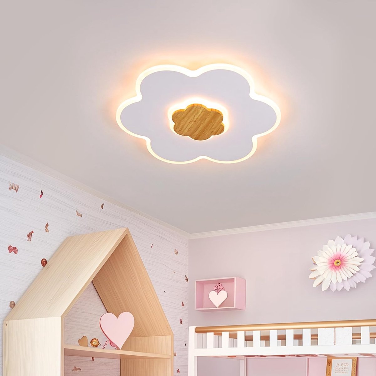 houten kinderplafondlamp 30cm bloemvorm kinderkamer plafondverlichting 3000K 20W jongen meisje baby witte kinderslaapkamerlamp met nachtlichtfunctie