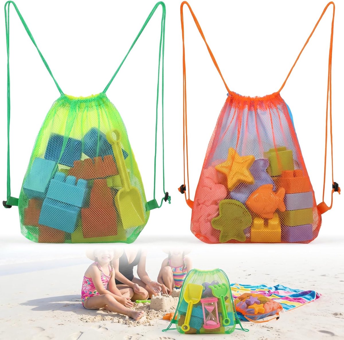 2 stuks nettassen, zandspeelgoed, rugzak, mesh, strandtas, nettas met trekkoord, strandspeelgoed, opbergtas voor strand, tuin, reizen, familie, vakantie (40 x 32 cm)