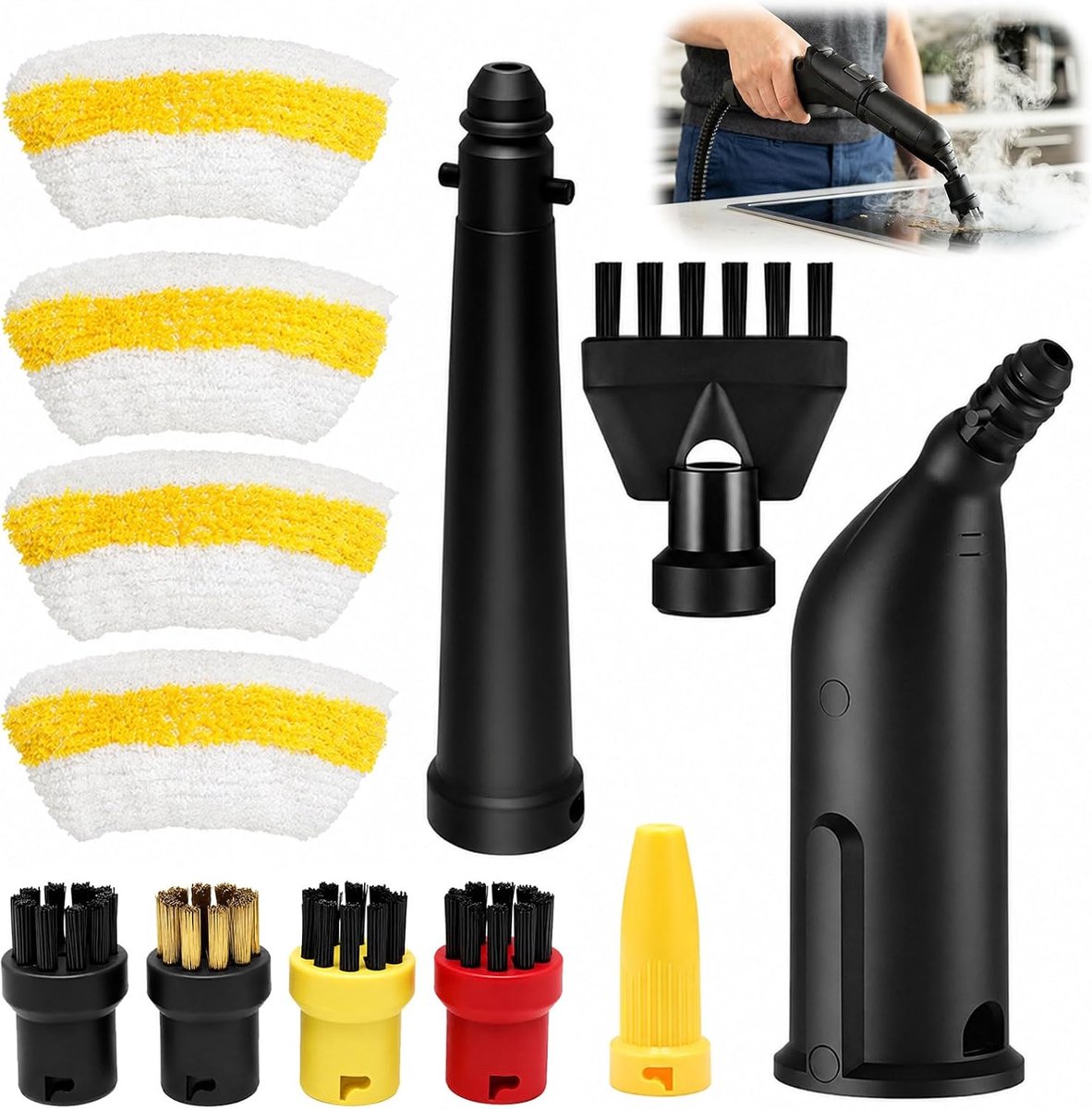 12-delige accessoireset voor stoomreiniger, reserveonderdelen, handmondstuk, borstels, doeken en schraper