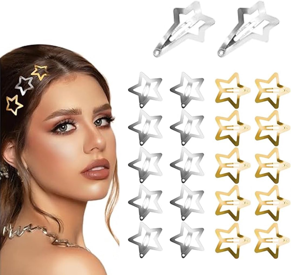 Haarspelden, 20 stuks, sterclips, Y2K, sterren, van metaal, zilver, antislip, voor kapsel, dames, meisjes, 3 cm, met 2 meter, haar, 5 cm, zilverkleurig