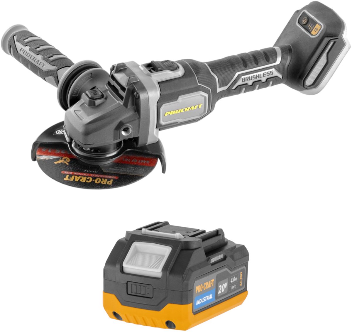 Procraft Industrial AG125Bbb accu-haakse slijper 20 V 125 mm borstelloos Solo - zonder accu, zonder oplader