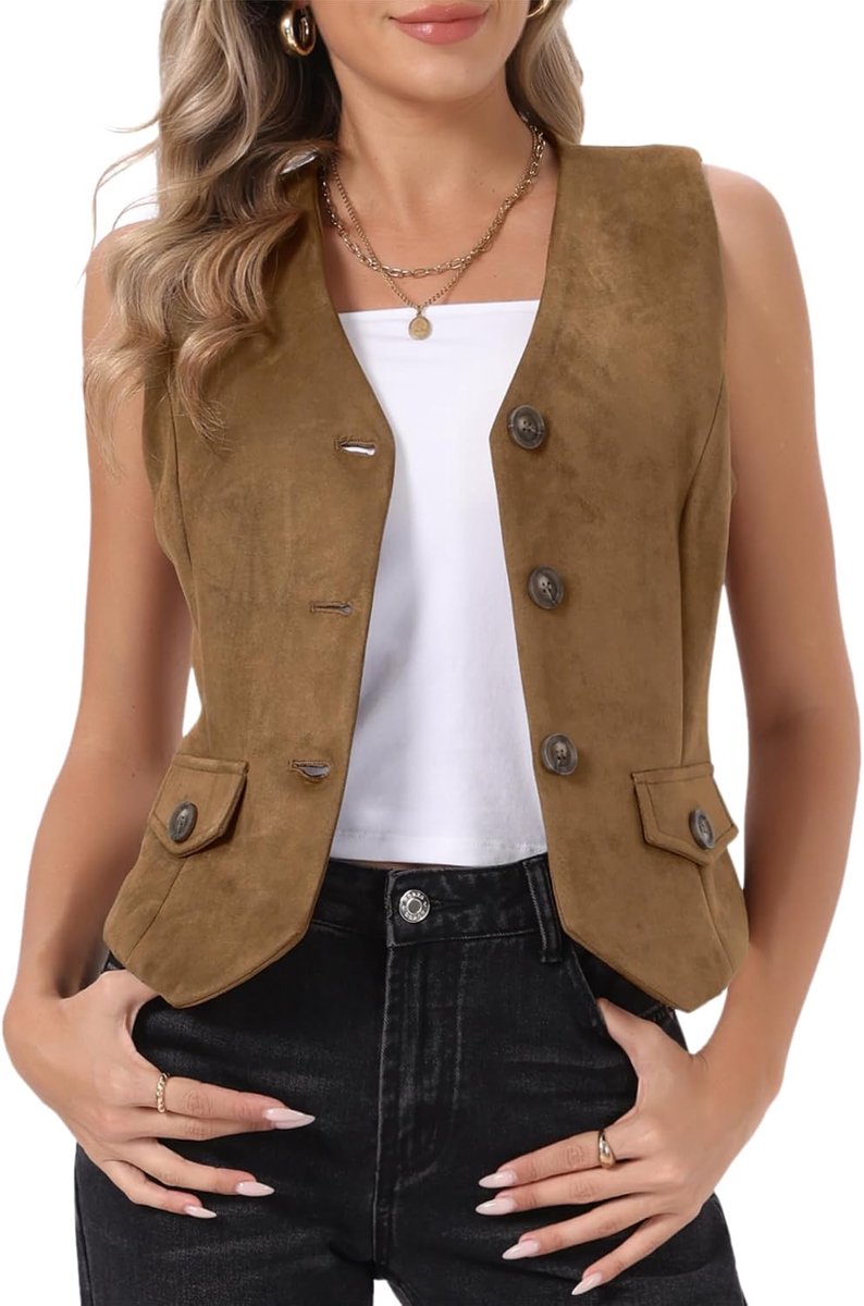 K Damesvest van imitatiesuède, knoopsluiting, V-hals, rugriem, vest, vest