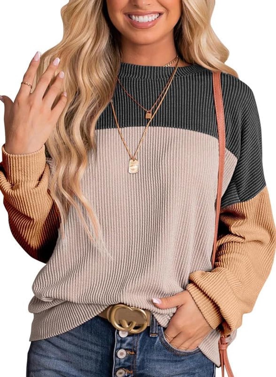 Damespullover met kleurblokken en lange mouwen sweatshirt met ronde hals, lange mouwen, Los en relaxed, trui voor herfst en winter, geribd bovendeel, maten S-XXL