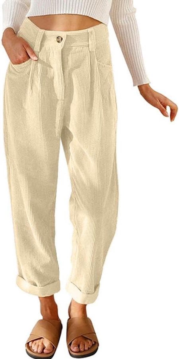 damesbroek van geribbeld fluweel, damesbroek met elastische tailleband, brede broek, lichte rechte winterbroek